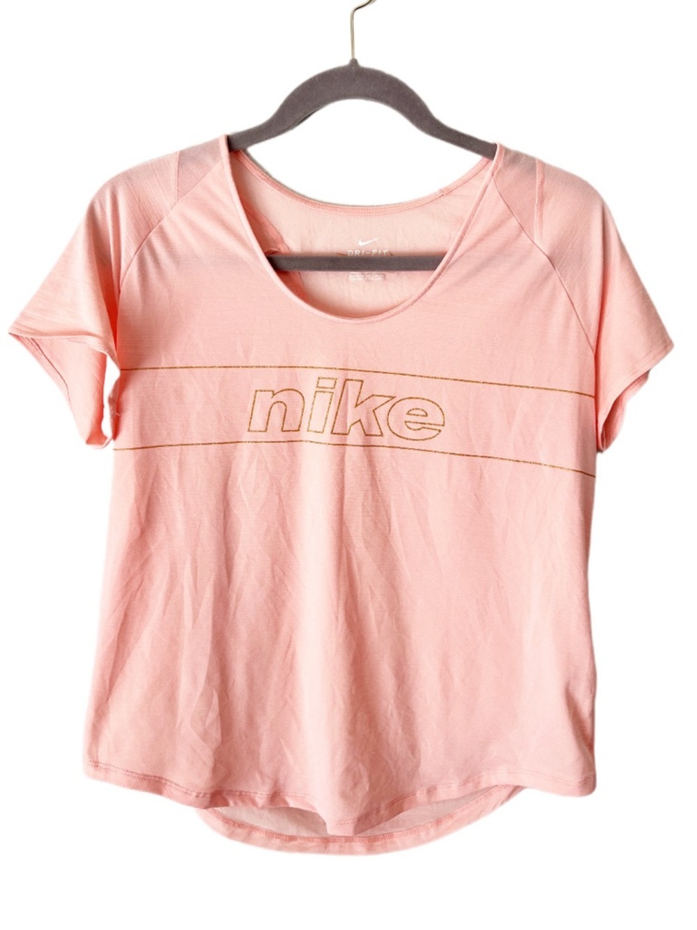 Nike Shirt Women's Large‎ 10K Glam Pink Gold Shimmer Logo Cropped Quick Dry Run
